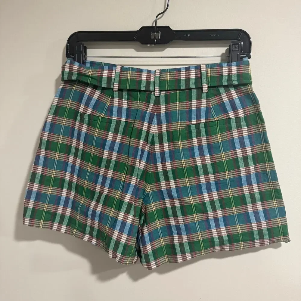 J.Crew Womens Green White Red Plaid Pleated Belted Dress Shorts Size 2 XS